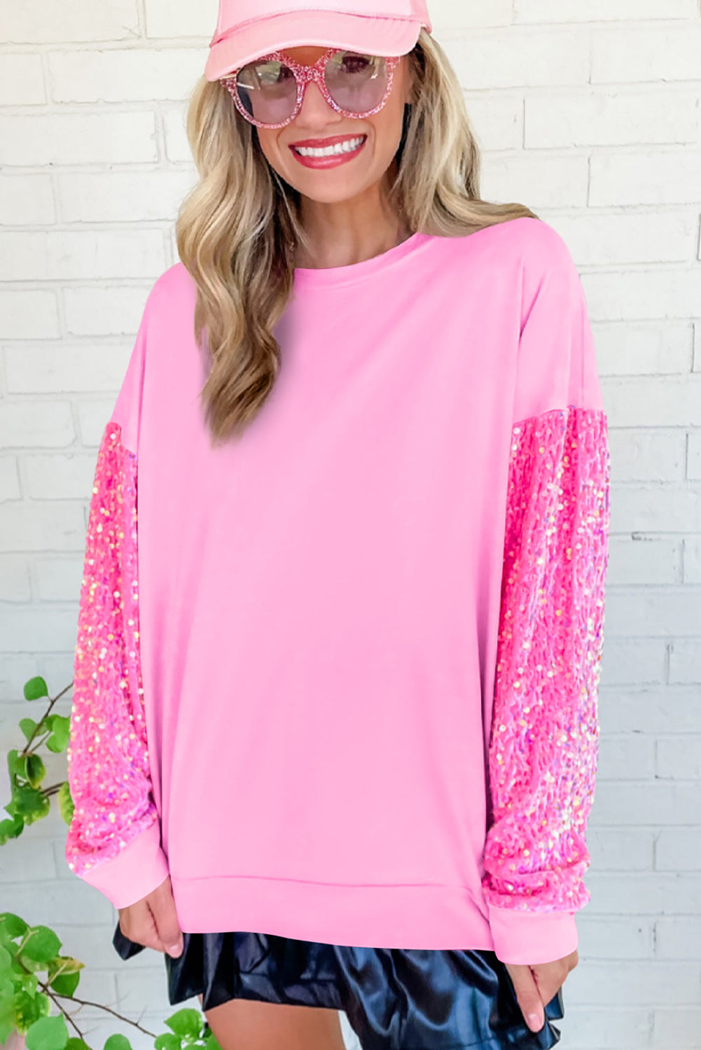 Pink Sequin Patchwork Long Sleeve Pullover Sweatshirt