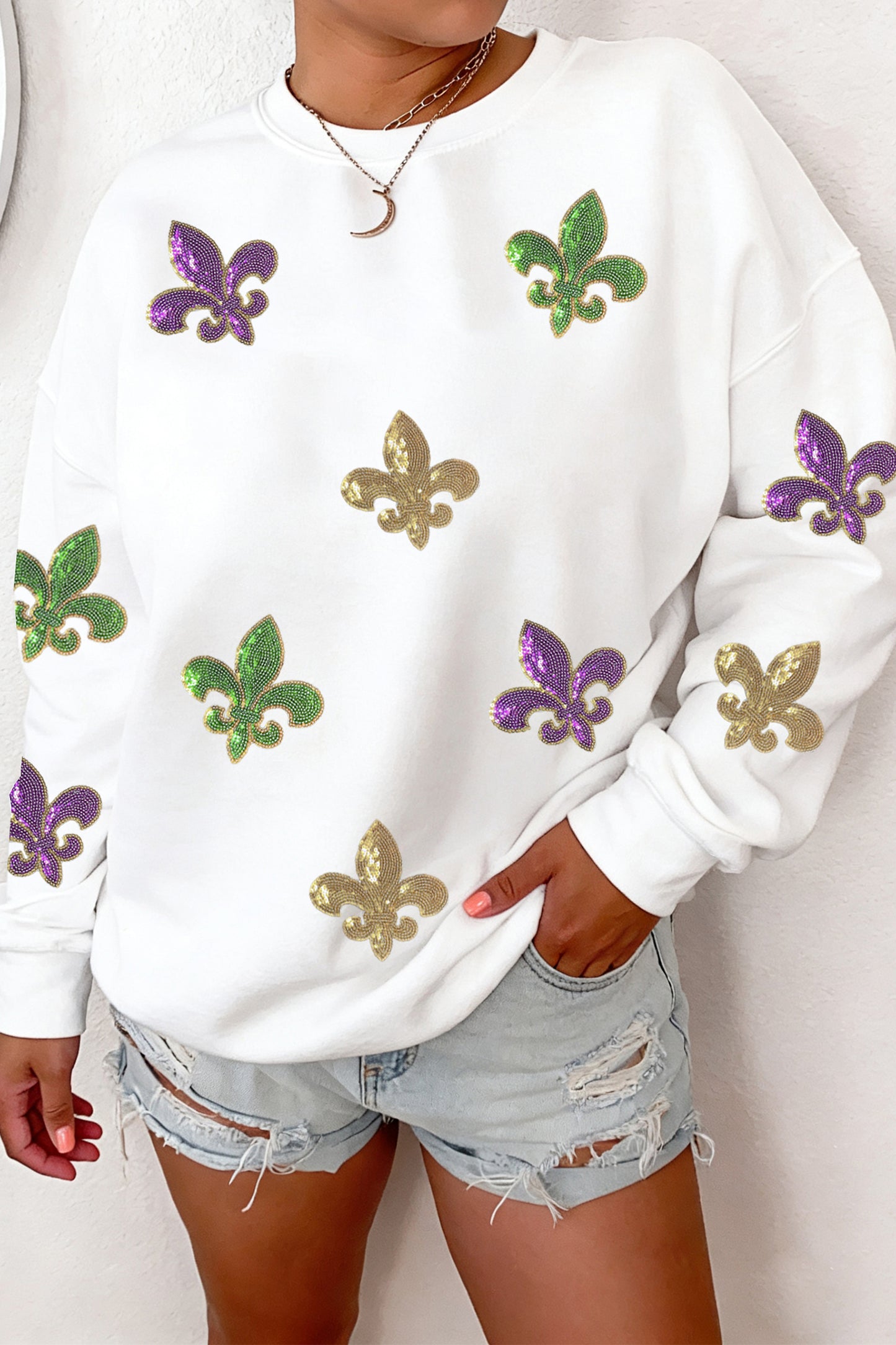 White Sequin Fleur De Lis Mardi Gras Graphic Pullover Sweatshirt