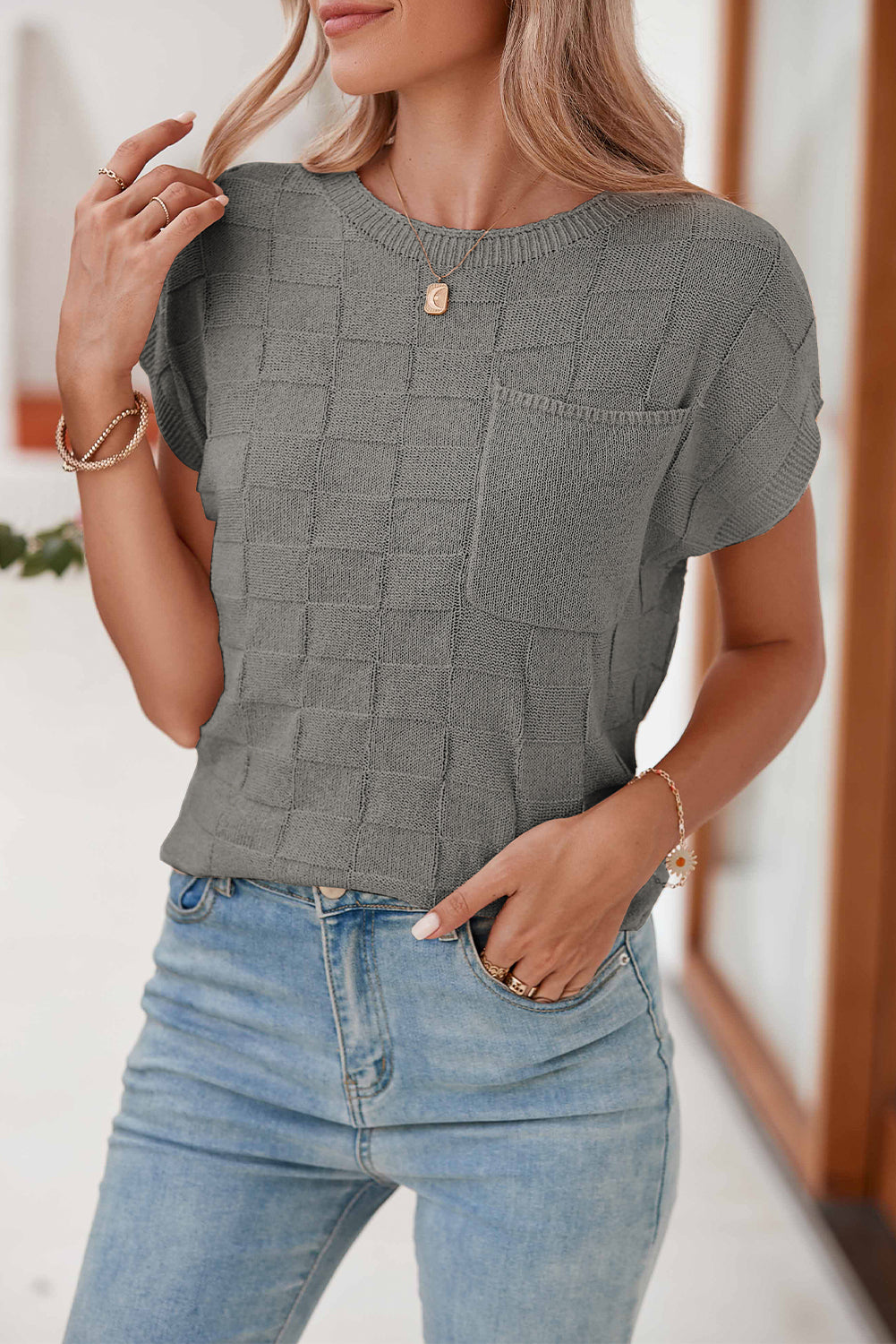 Smoke Gray Lattice Textured Knit Short Sleeve Baggy Sweater