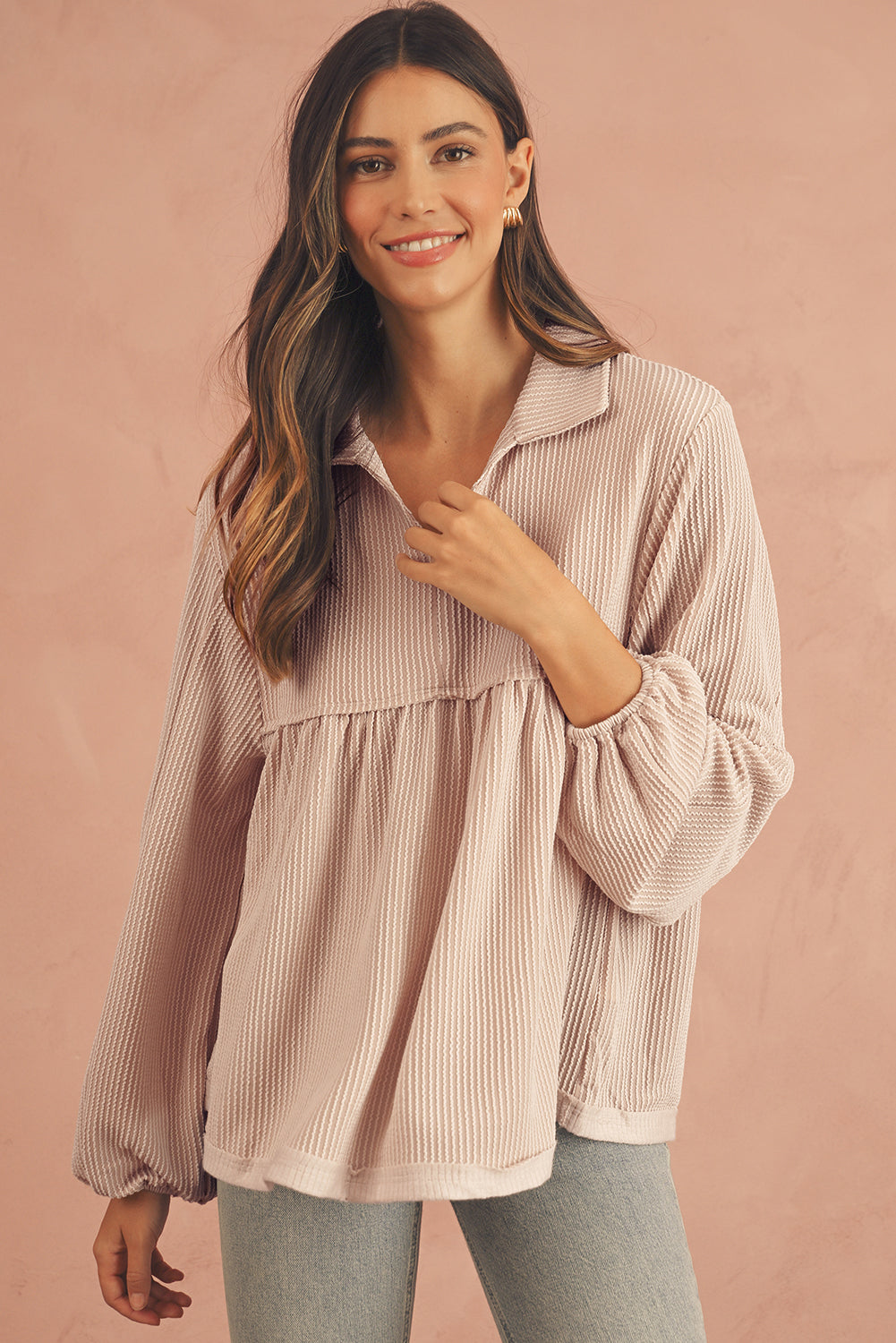 Phalaenopsis Corded Turn-down Collar Bubble Sleeve Babydoll Top
