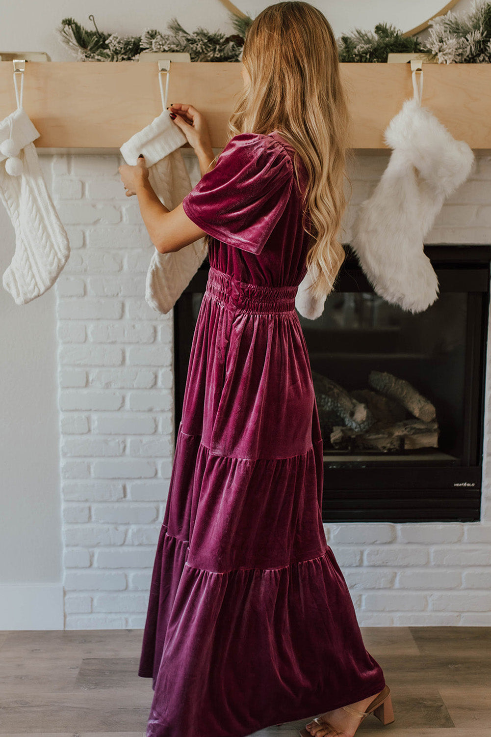 Red Dahlia Velvet Short Sleeve Shirred Waist Tiered Maxi Dress