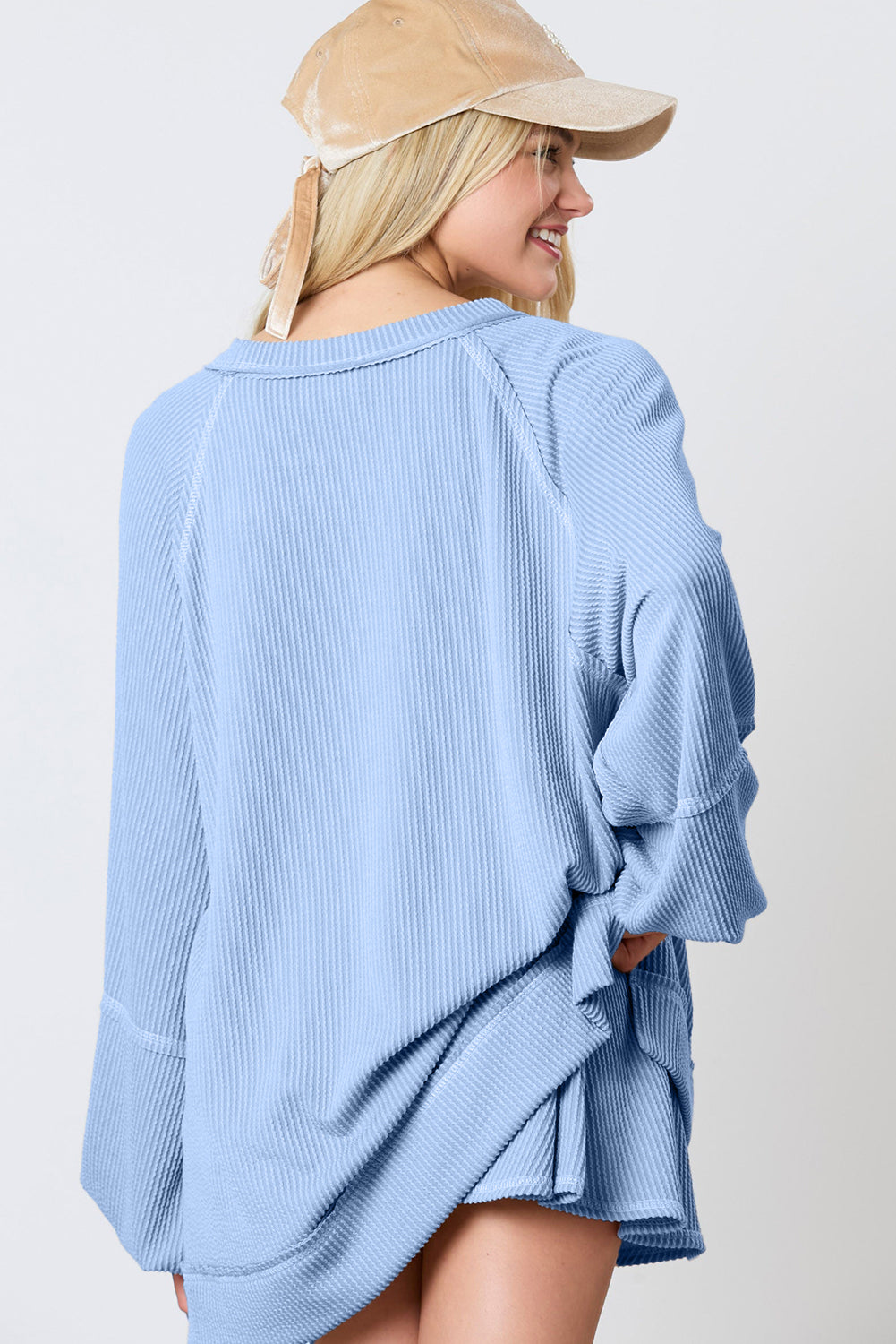 Dark Grey Corded Bishop Sleeve Pullover and Ruffle Mini Skirt Set