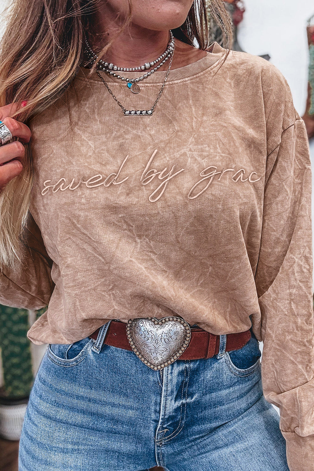High-rise saved by grace Letter Embroidery Mineral Wash Loose Sweatshirt