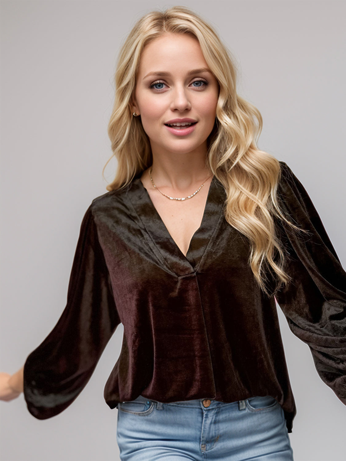 V-Neck Three-Quarter Sleeve Velvet Blouse
