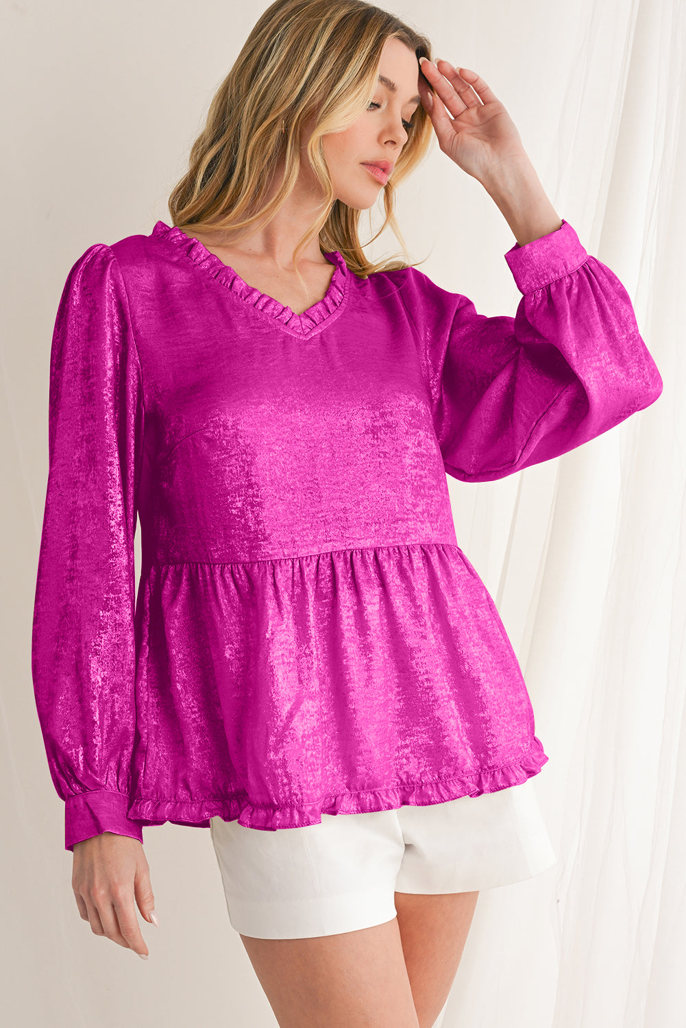 Black Velvet Frill V Neck Puff Sleeve Babydoll Blouse