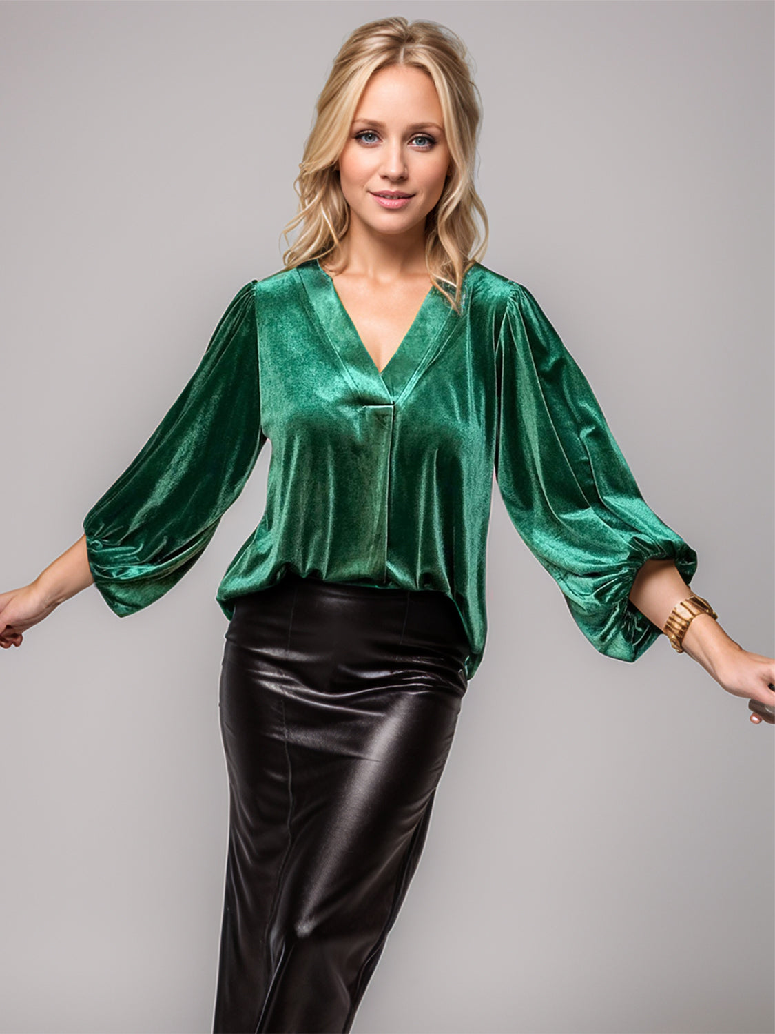 V-Neck Three-Quarter Sleeve Velvet Blouse