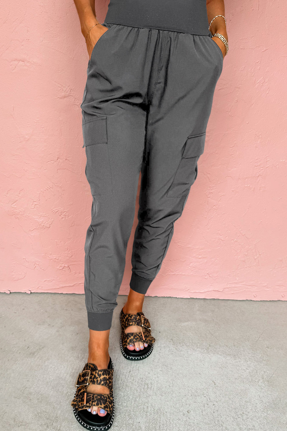 Medium Grey Elastic High Waist Pocketed Cargo Jogger Pants