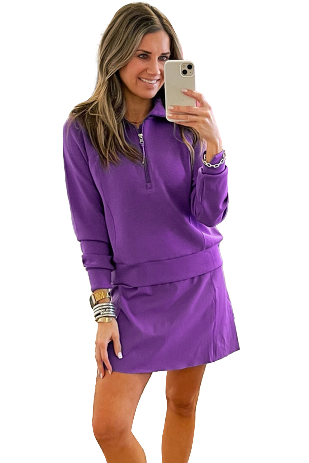 Pink Half Zip Sporty Pullover Mini Skirt 2pcs Outfit