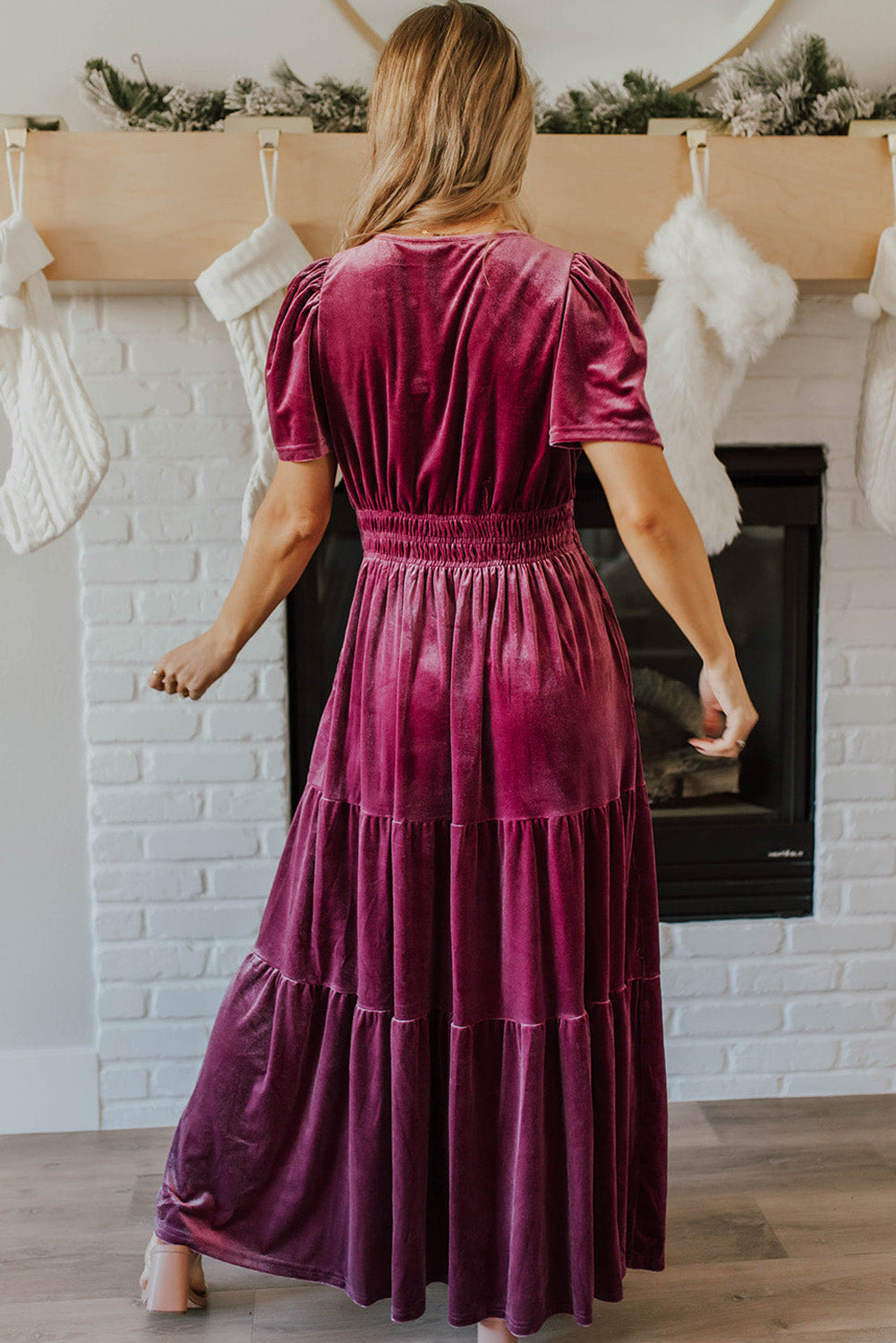 Red Dahlia Velvet Short Sleeve Shirred Waist Tiered Maxi Dress