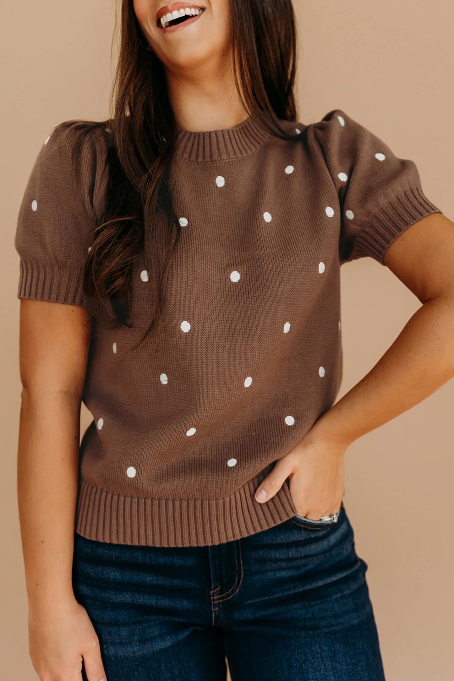 White Elegant Polka Dot Bubble Short Sleeve Sweater