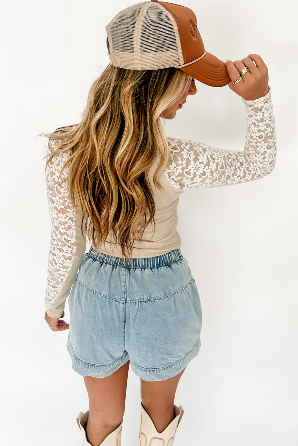 Beige and Black Floral Lace Patchwork Long Sleeve High Neck Slim Top