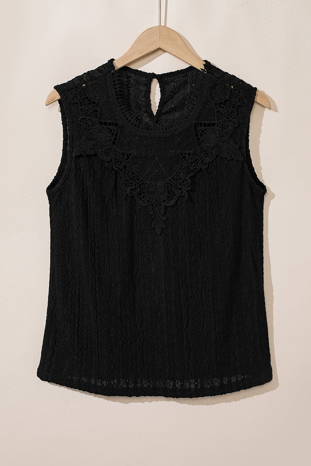 Black Guipure Lace Crochet Keyhole Back Sleeveless Shirt