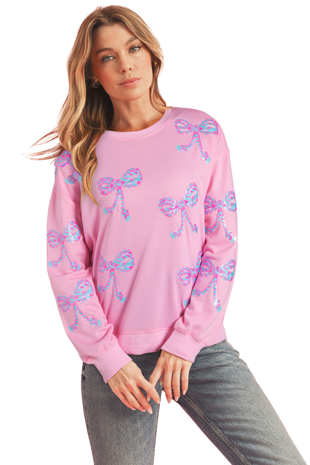 Pink Sequined Bow Graphic Round Neck Drop Sleeve Sweatshirt