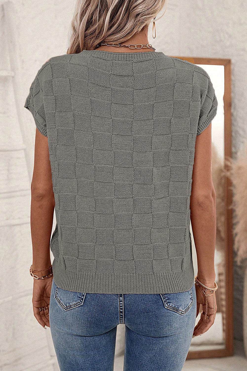 Smoke Gray Lattice Textured Knit Short Sleeve Baggy Sweater