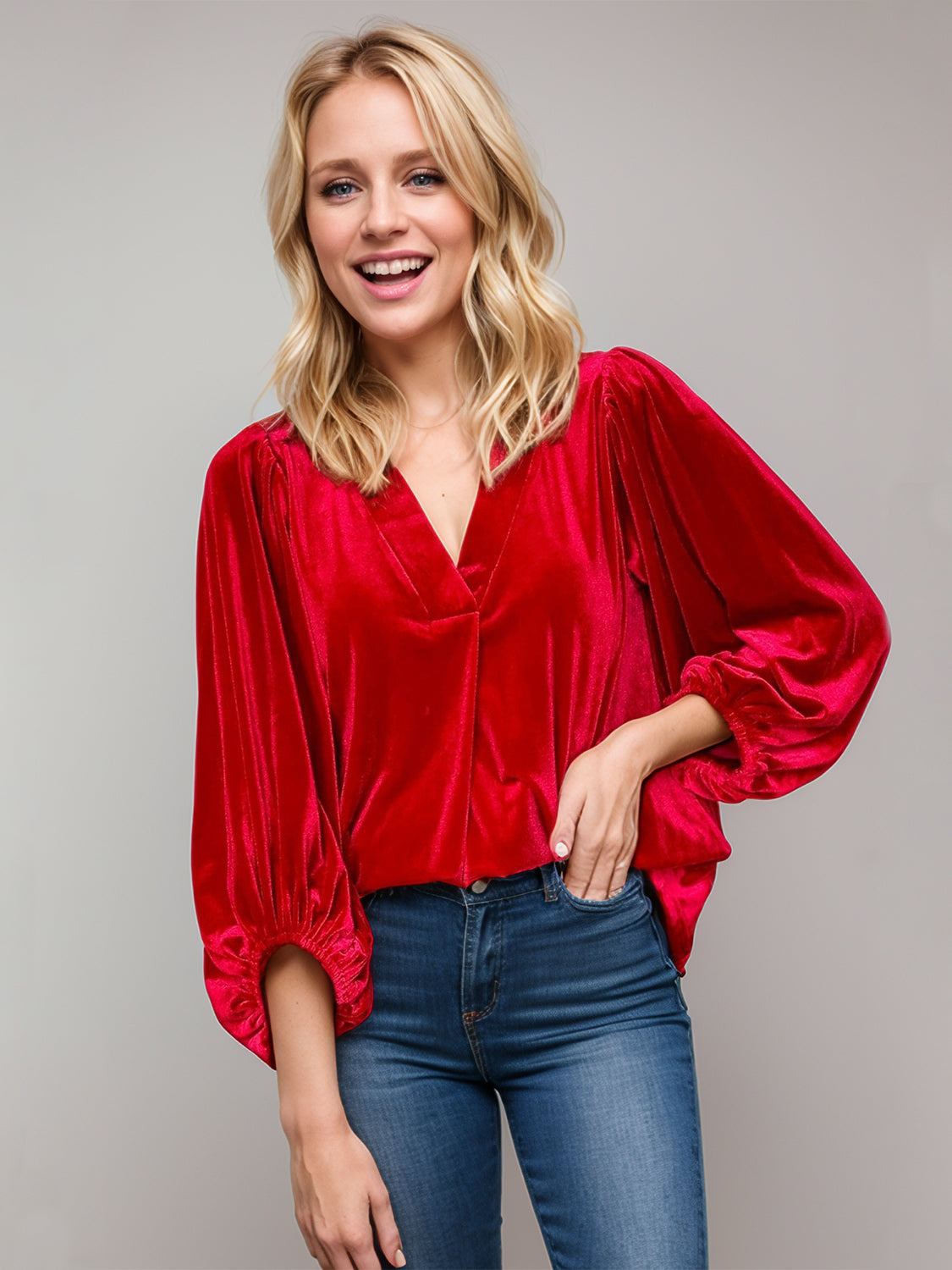 V-Neck Three-Quarter Sleeve Velvet Blouse