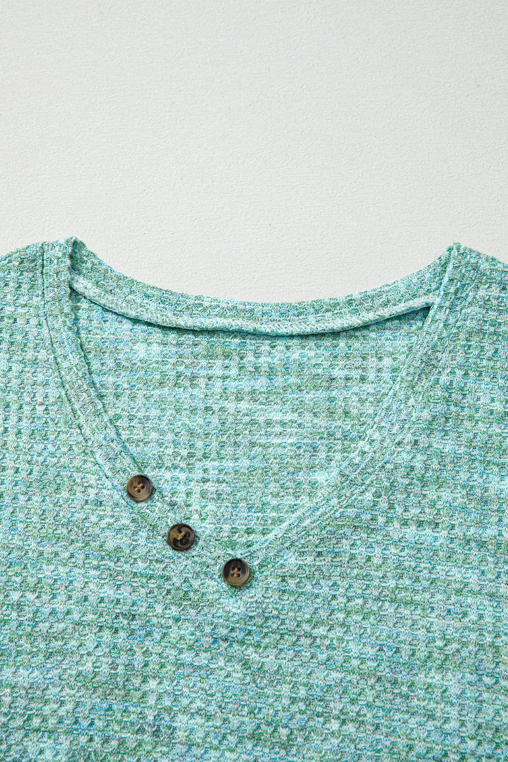 Moonlight Jade Button Long Sleeve V Neck Waffle Shirt