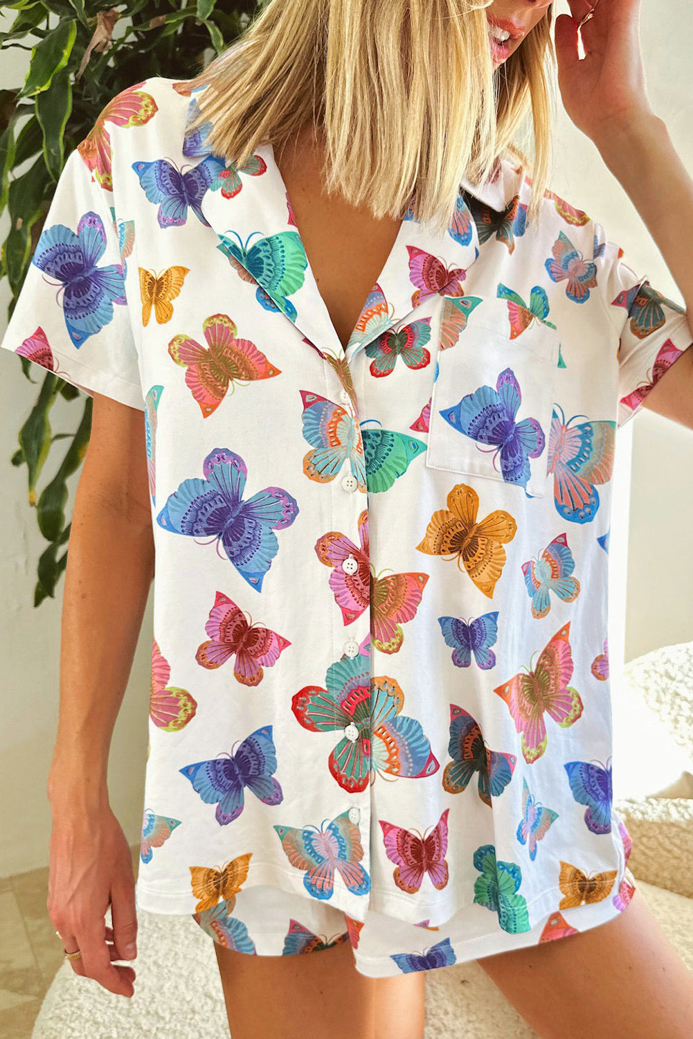 Multicolour Butterfly Print Button-up Shirt & Shorts Pajama Set