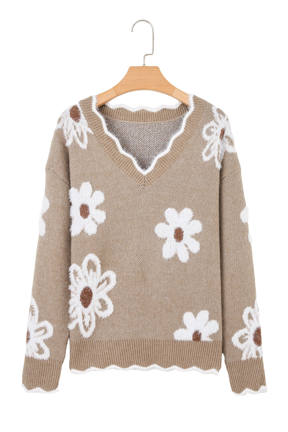 Dusk Blue Jacquard Floral Scallop V-neck Sweater