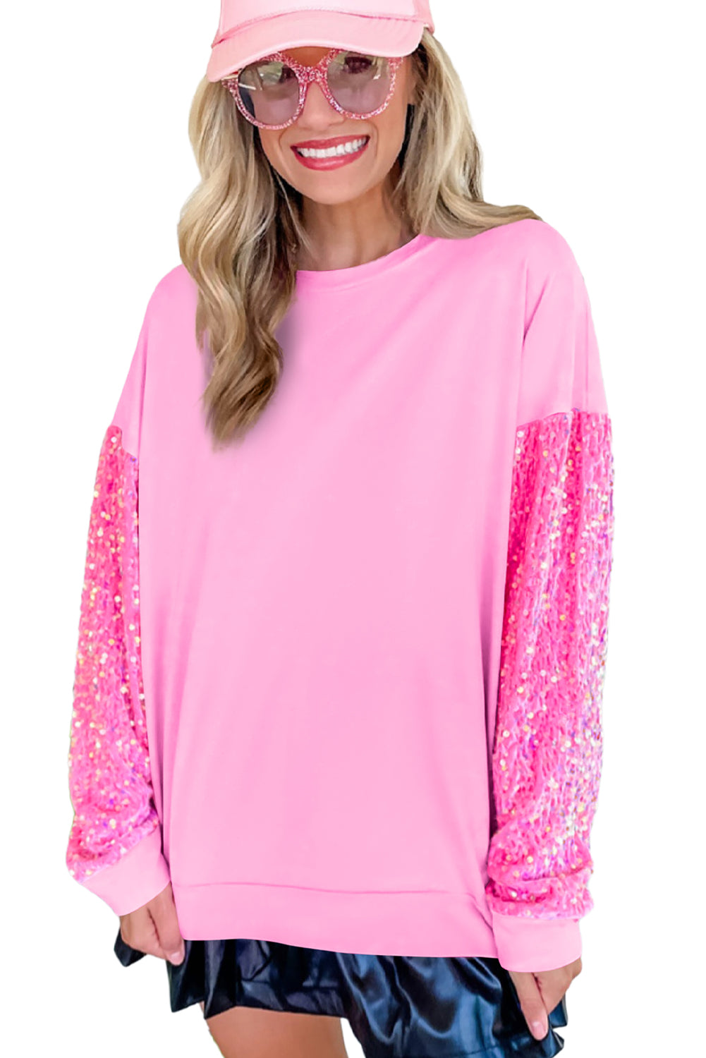 Pink Sequin Patchwork Long Sleeve Pullover Sweatshirt