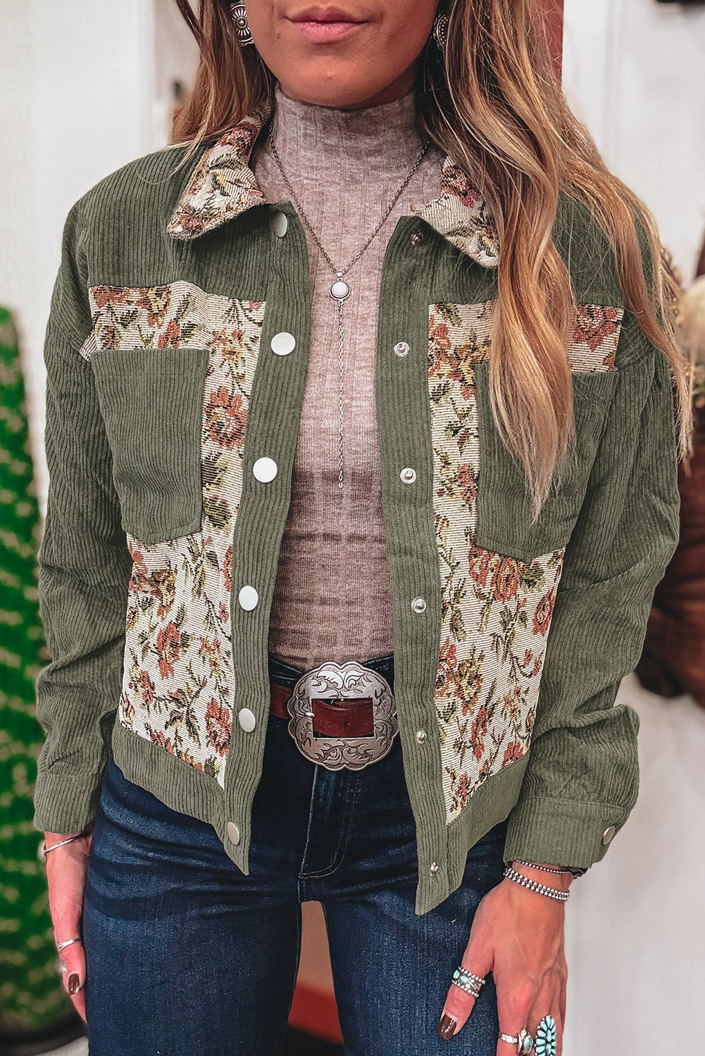 A Sage Green Ribbed Retro Floral Patchwork Jacket