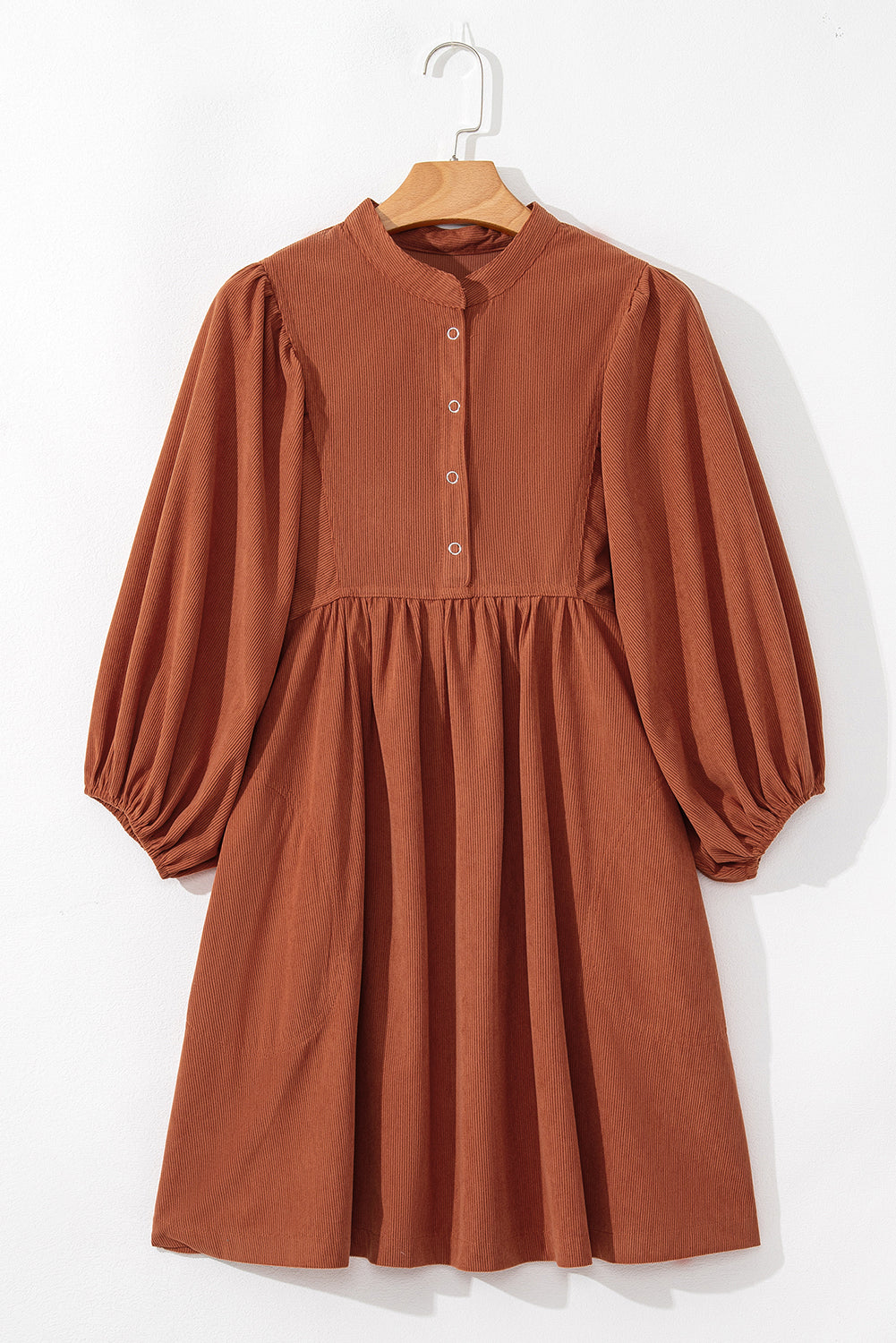 Vineyard Green Light Snap Button Empire Waist Lantern Sleeve Corduroy Dress