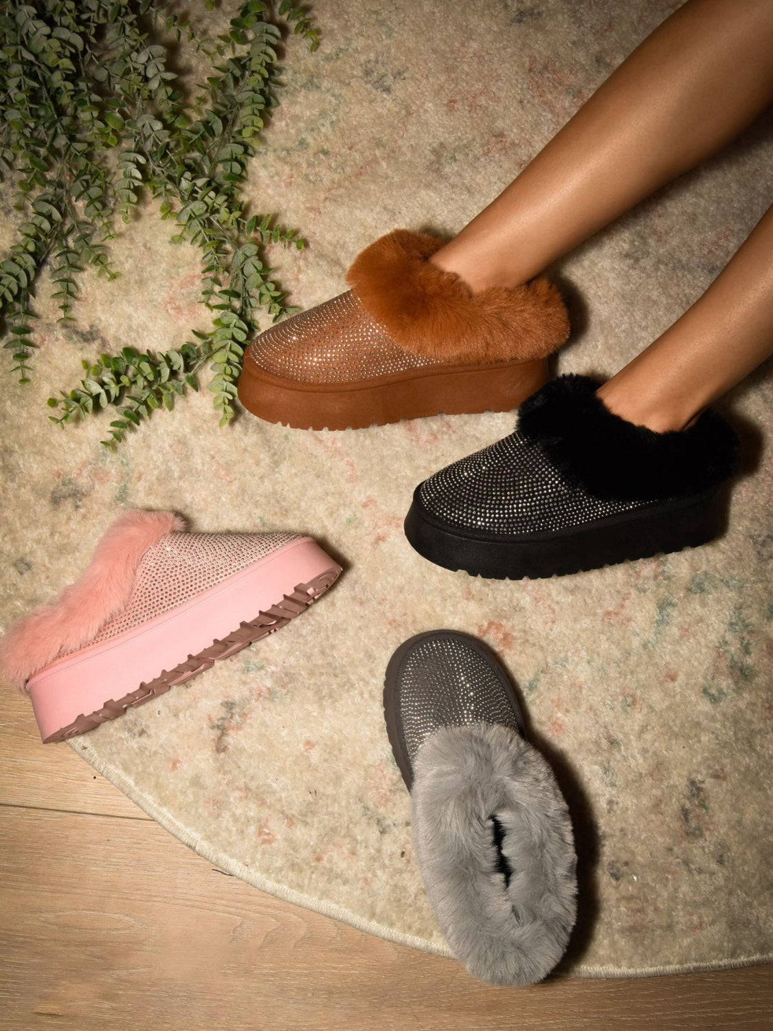 WILD DIVA Embellished Faux Fur Platform Bootie Slippers