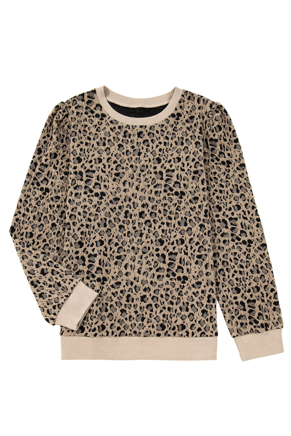 Khaki Leopard Textured Ribbed Trim Plus Size Long Sleeve Top
