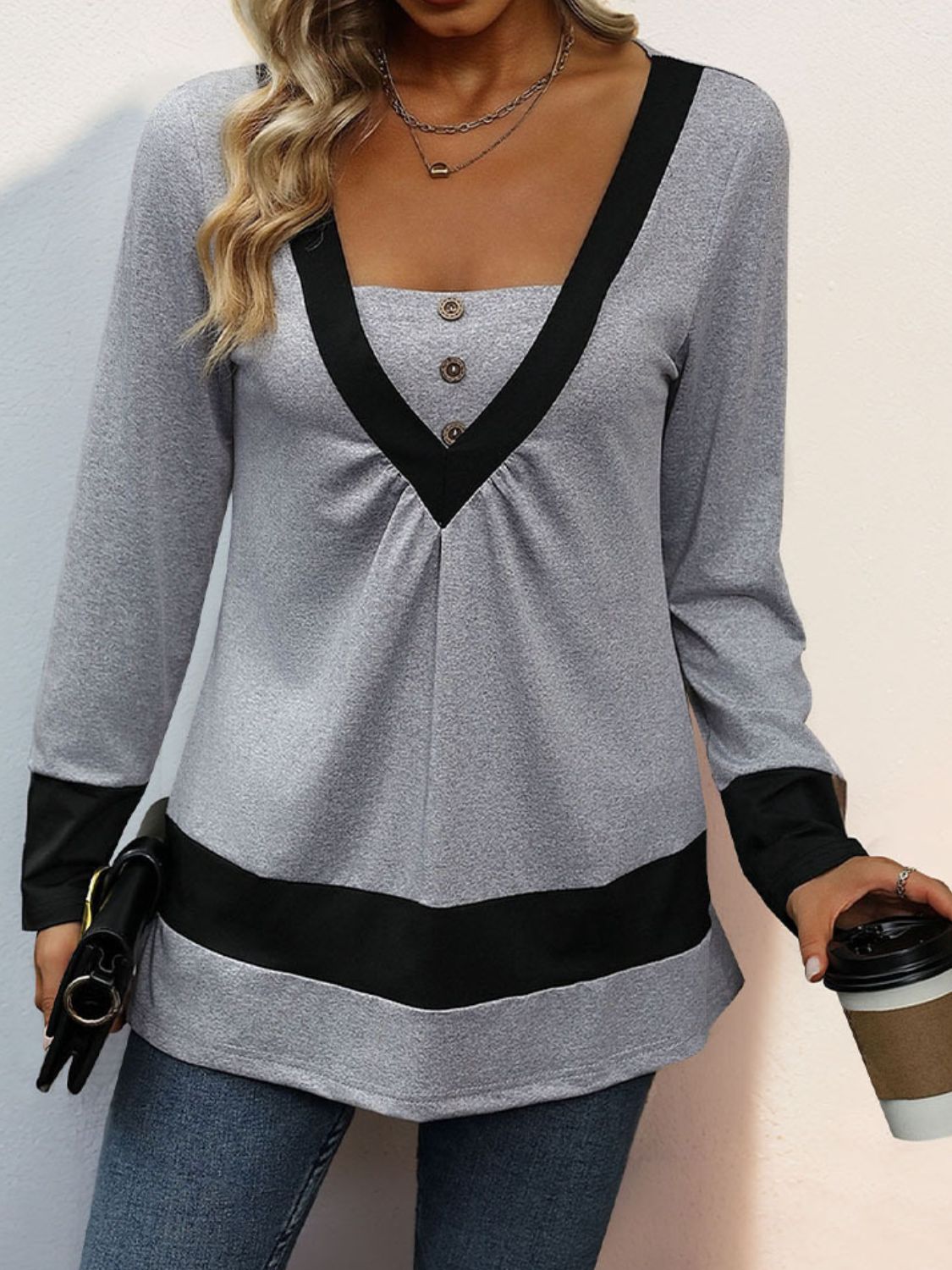 Contrast Long Sleeve Blouse