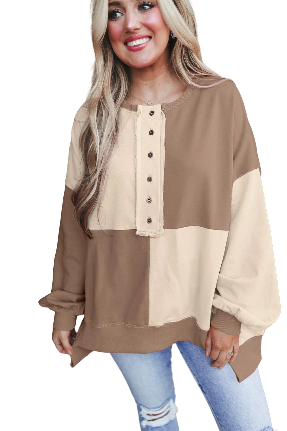 Pink Colorblock High Low Loose Henley Sweatshirt