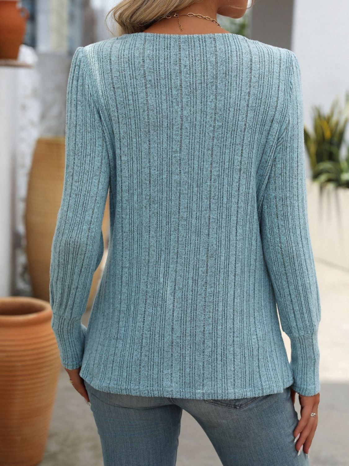 Decorative Button Striped Square Neck Long Sleeve Sweater