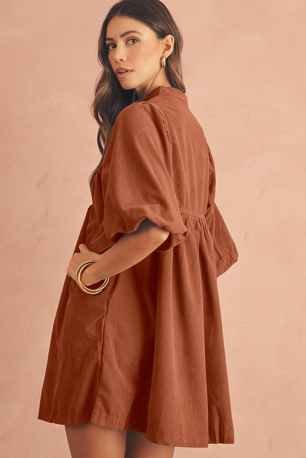 Vineyard Green Light Snap Button Empire Waist Lantern Sleeve Corduroy Dress