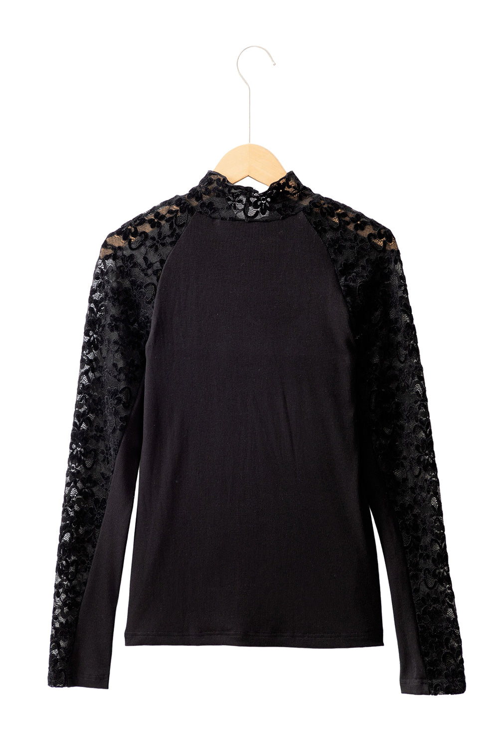 Beige and Black Floral Lace Patchwork Long Sleeve High Neck Slim Top