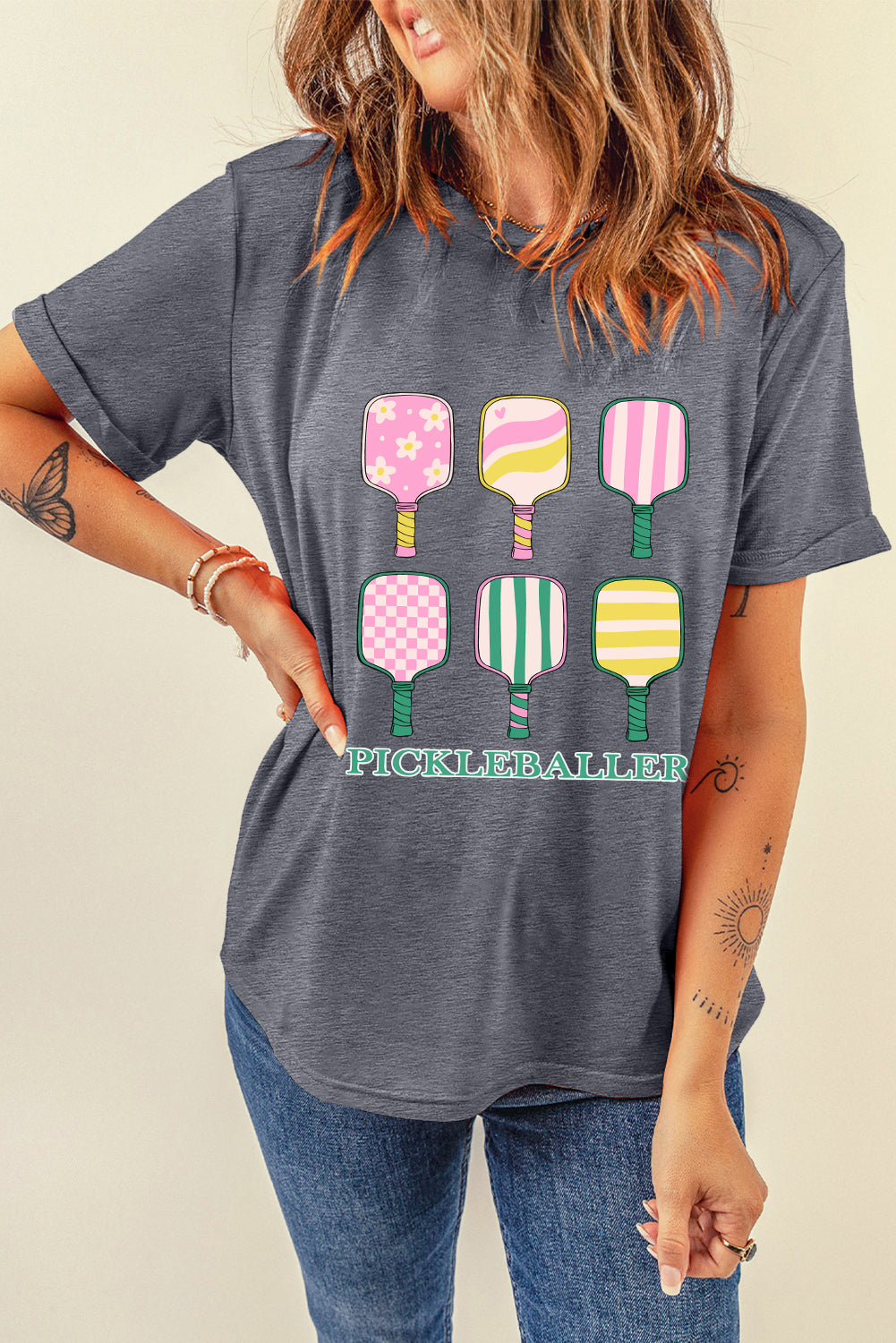 Gray PICKLEBALLER Playful Bats Printed Casual T Shirt