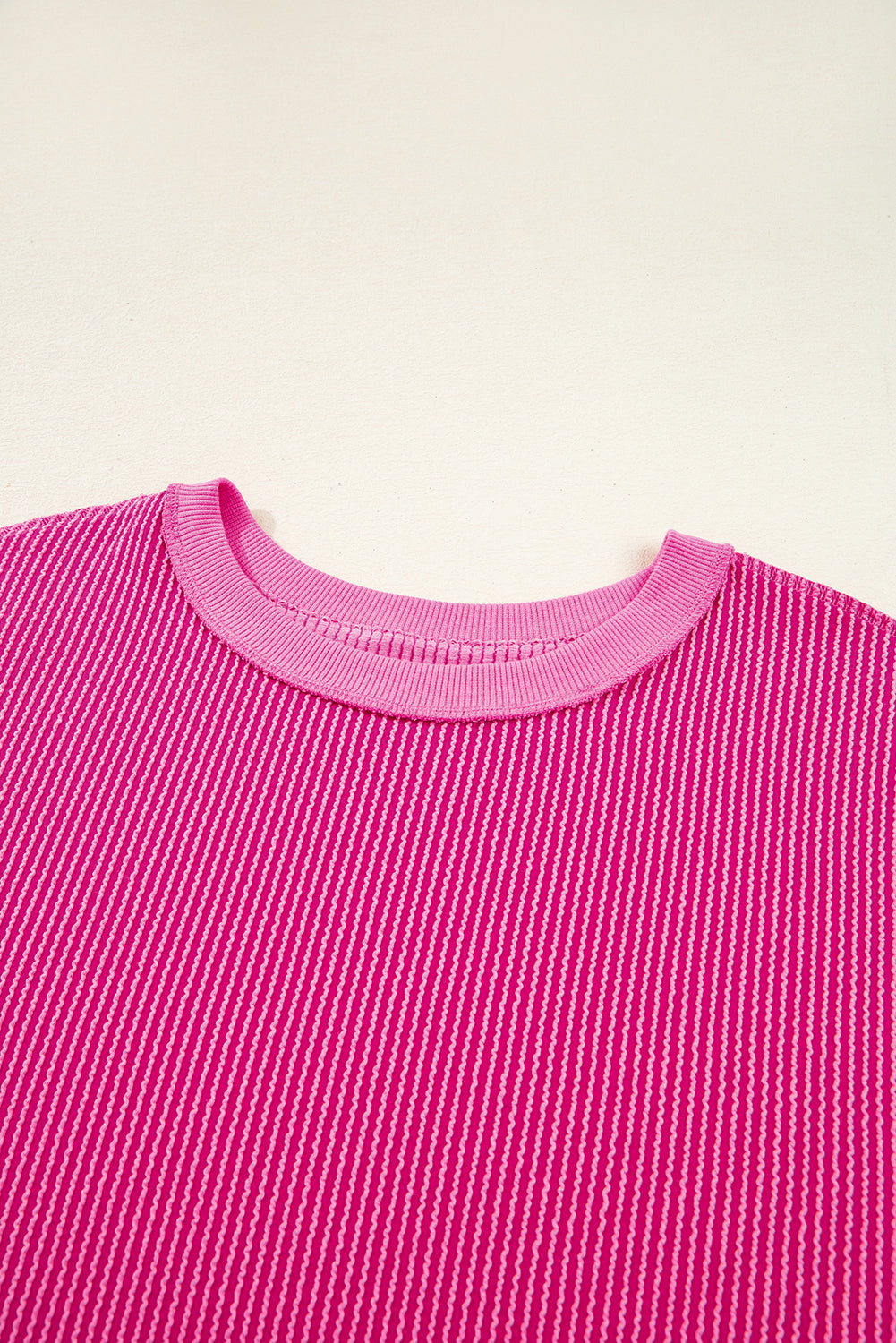Strawberry Pink Twisted Ribbed Seamed Patchwork Long Sleeve Top