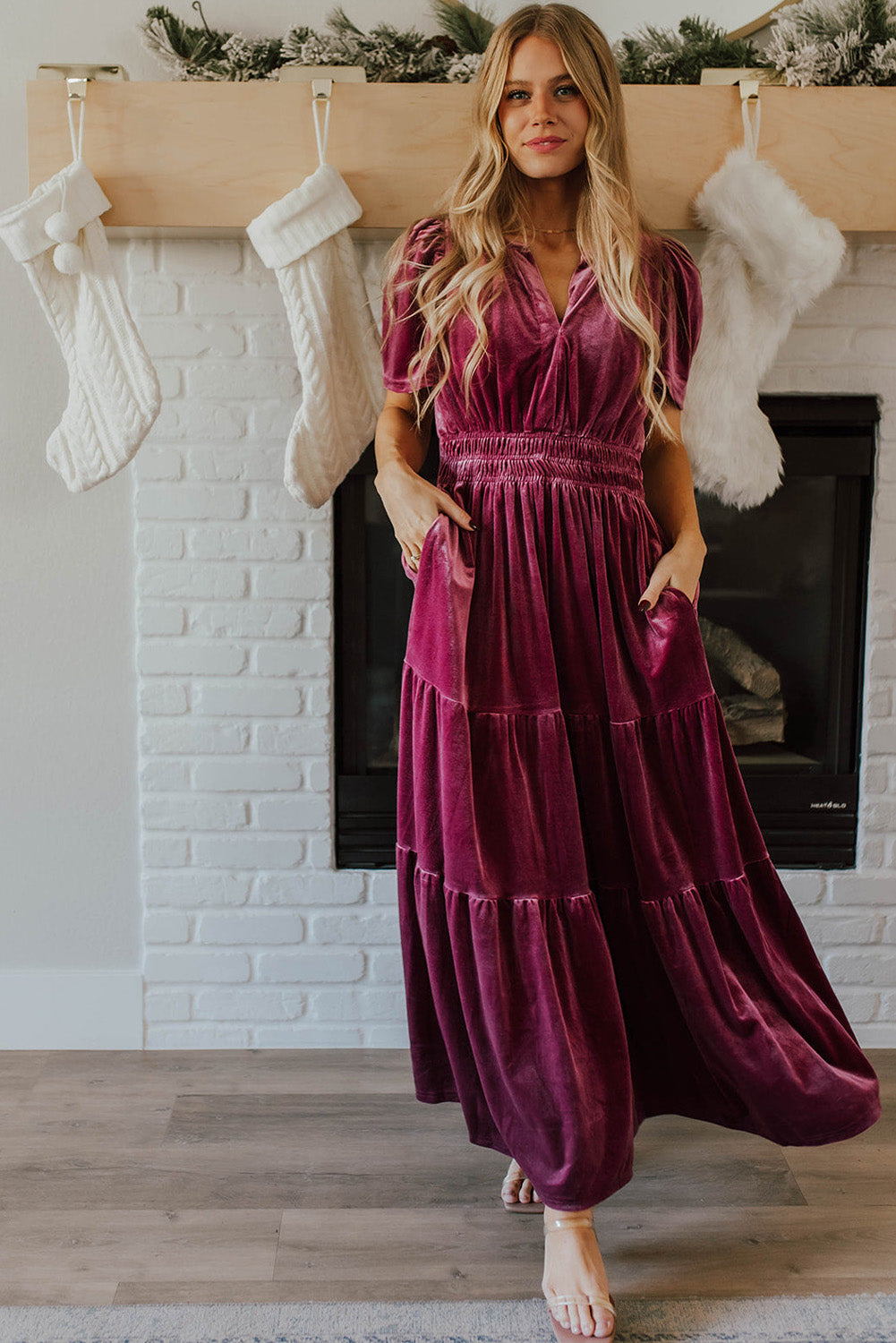 Red Dahlia Velvet Short Sleeve Shirred Waist Tiered Maxi Dress