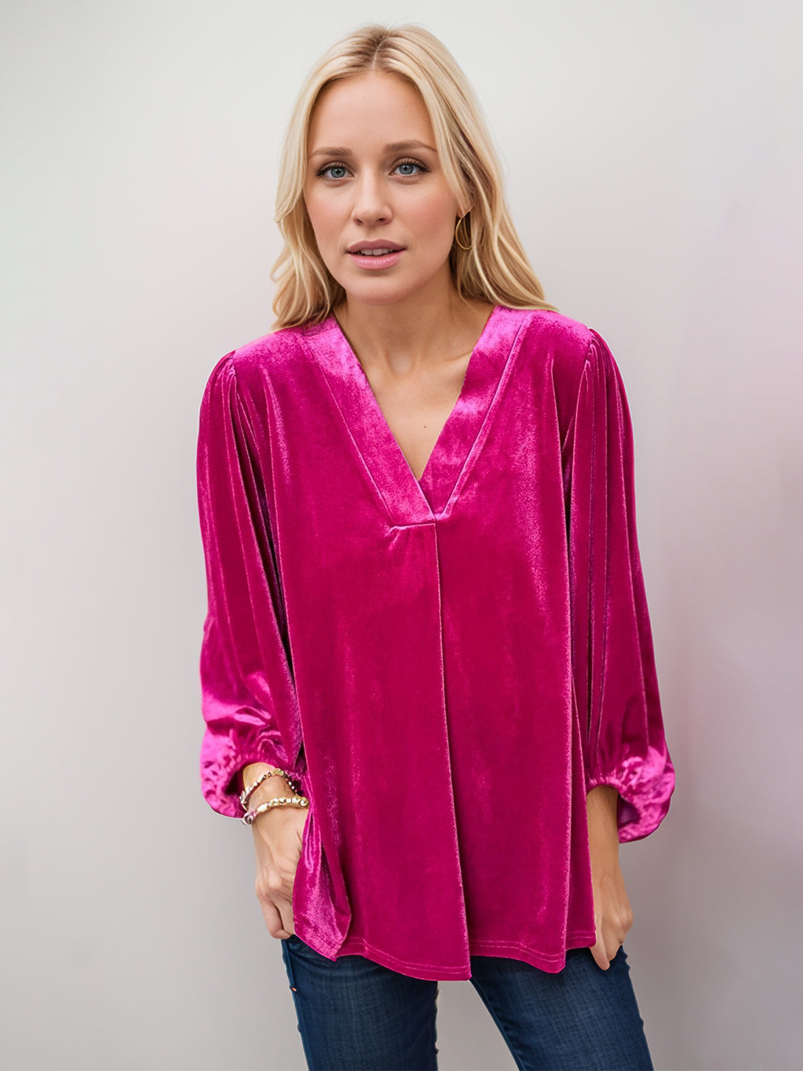 V-Neck Three-Quarter Sleeve Velvet Blouse