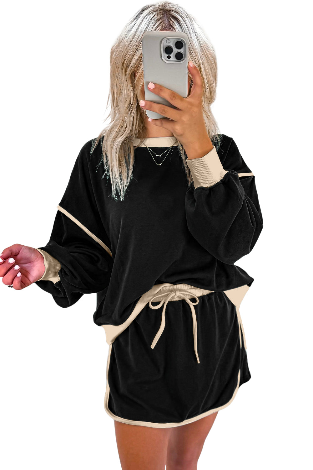Black Contrast Trim Loose Pullover and Lace-up Waist Skort Set