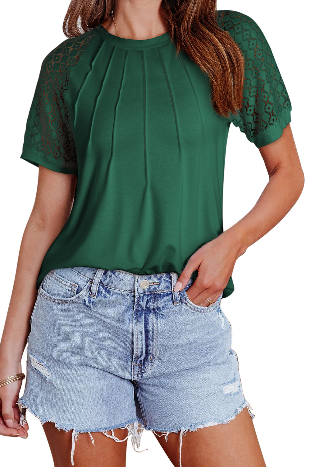 Black Seamed Detail Contrast Lace Raglan Sleeve Tee