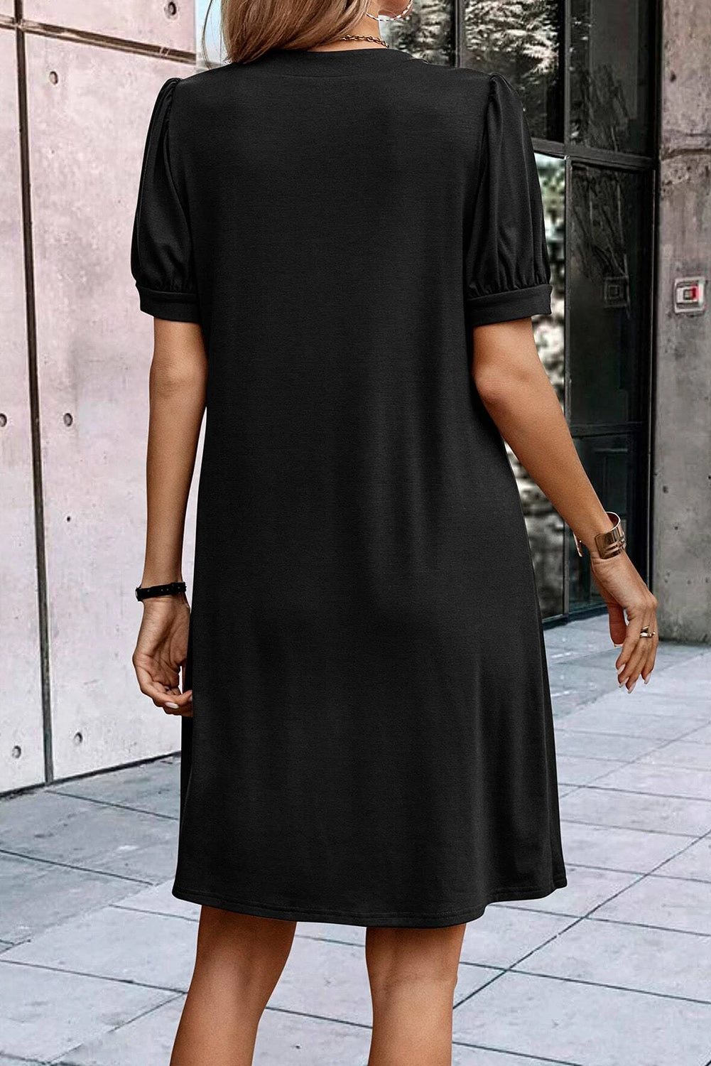Fern Green Notched Neck Puff Sleeve Pleated T Shirt Dress