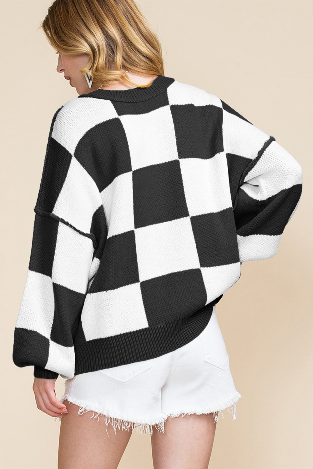 Rose Checkered Bishop Sleeve Pullover Sweater