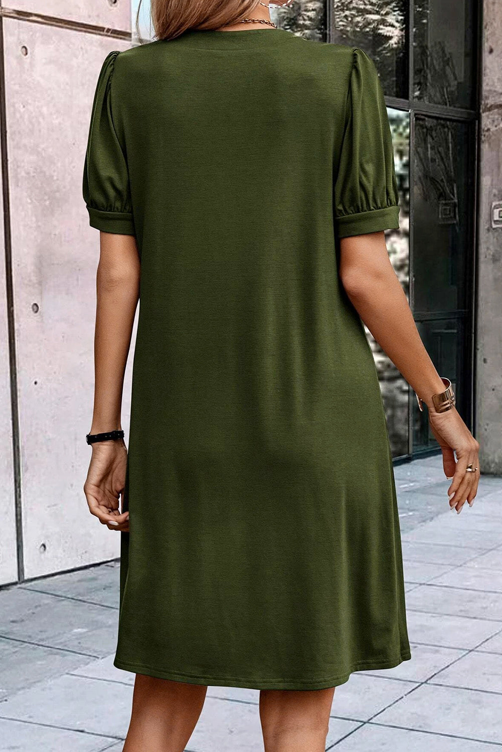 Fern Green Notched Neck Puff Sleeve Pleated T Shirt Dress