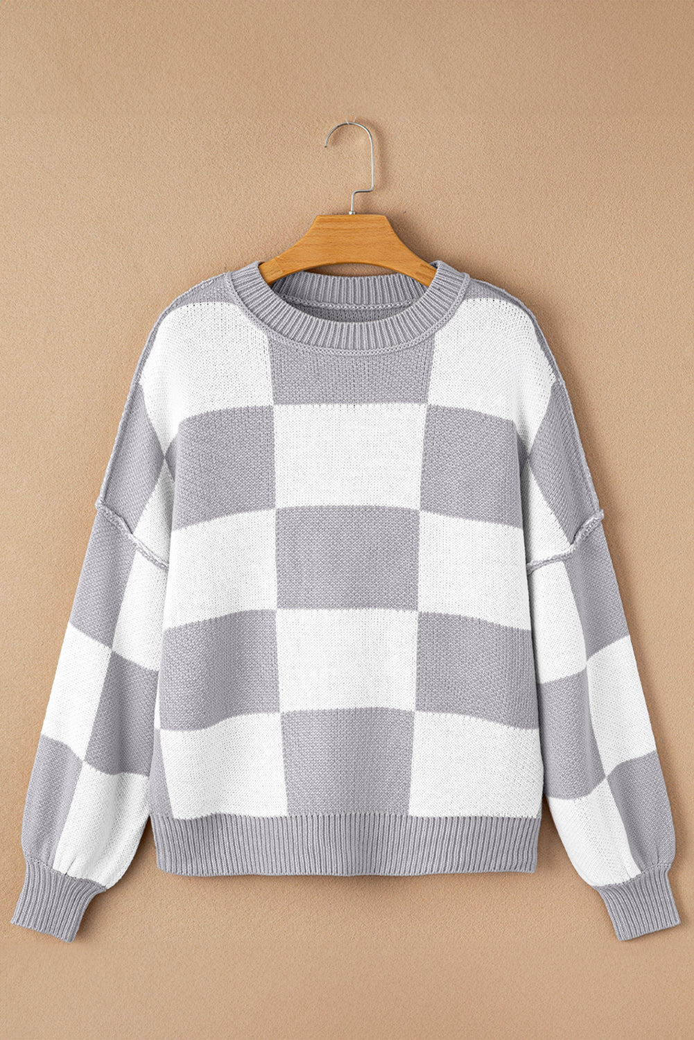 Rose Checkered Bishop Sleeve Pullover Sweater