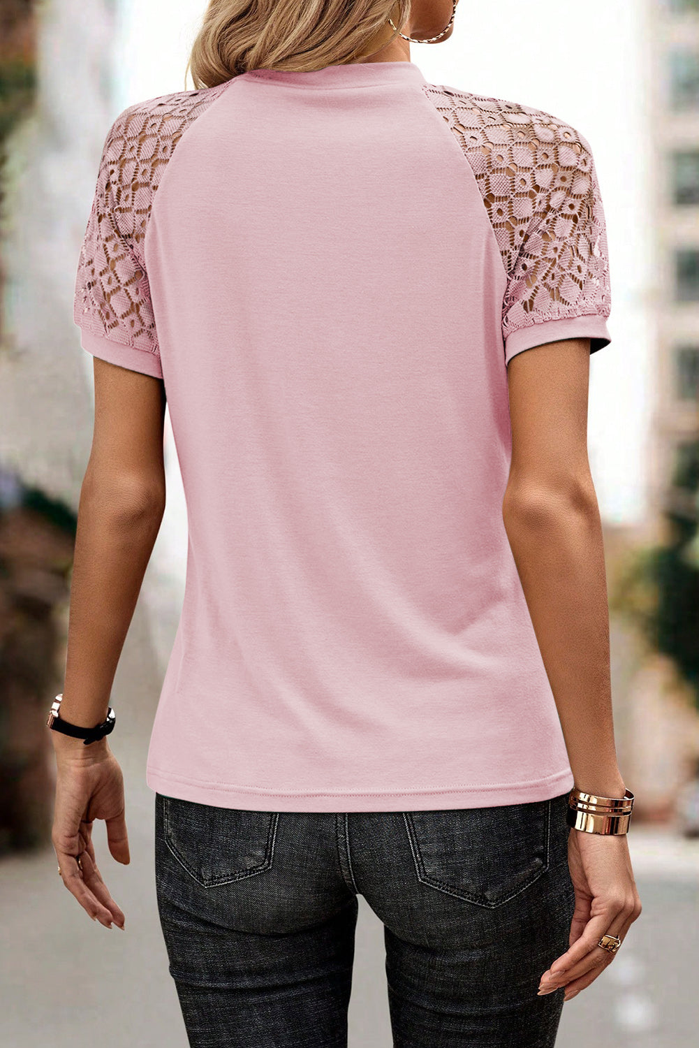 Pink Seamed Detail Contrast Lace Raglan Sleeve Tee