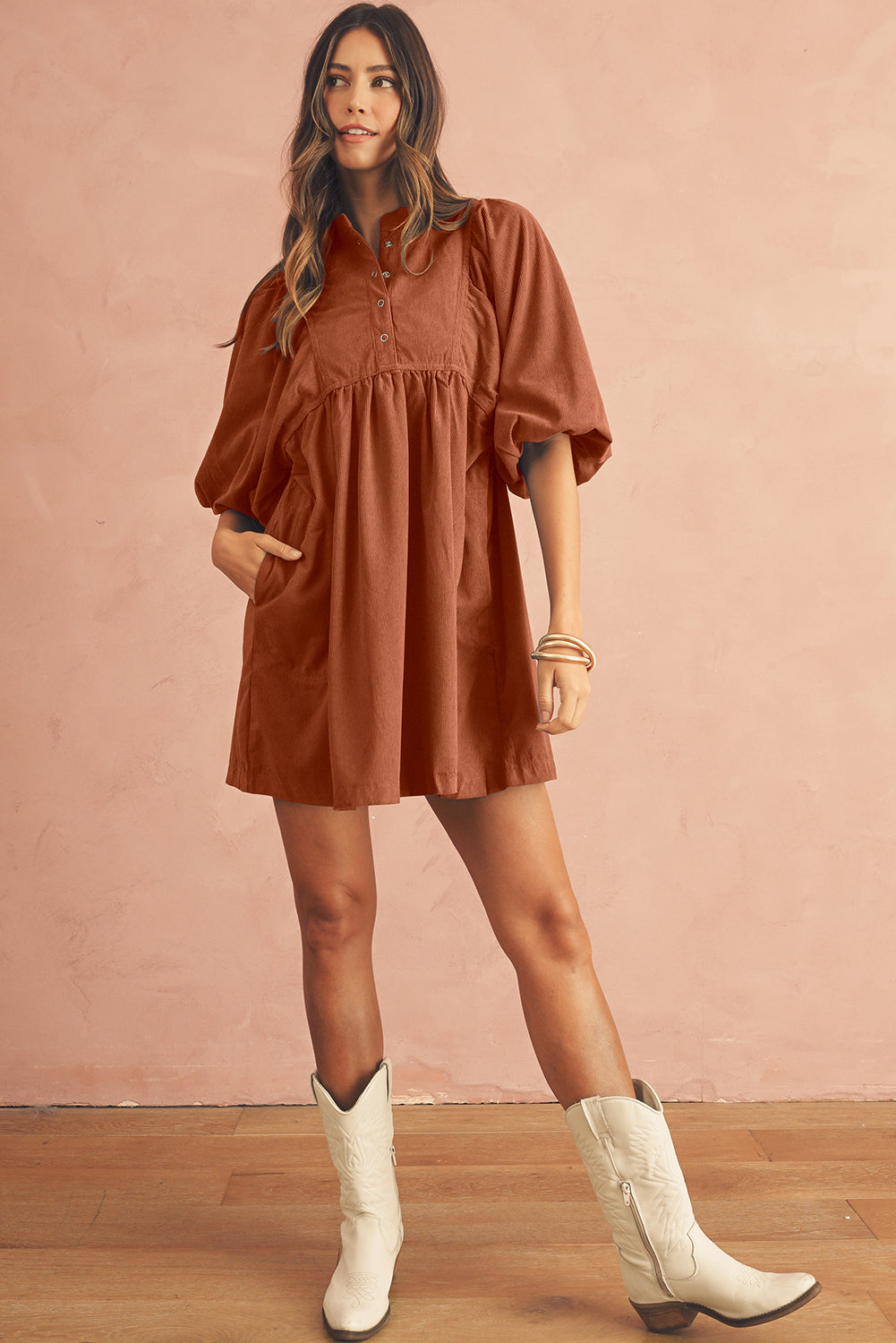 Vineyard Green Light Snap Button Empire Waist Lantern Sleeve Corduroy Dress