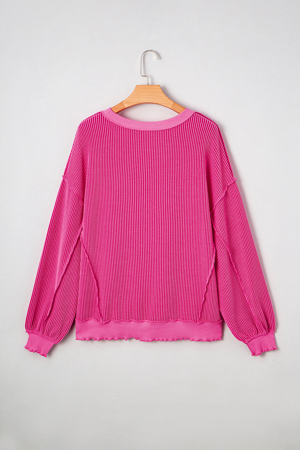 Strawberry Pink Twisted Ribbed Seamed Patchwork Long Sleeve Top