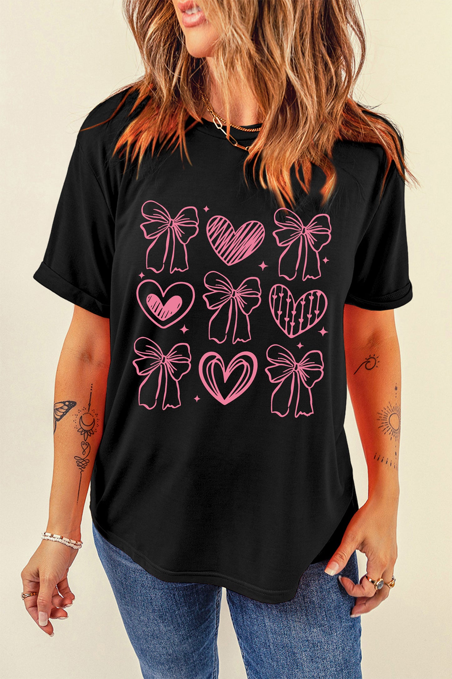 Black Cute Bow Heart Printed Valentines Day T Shirt