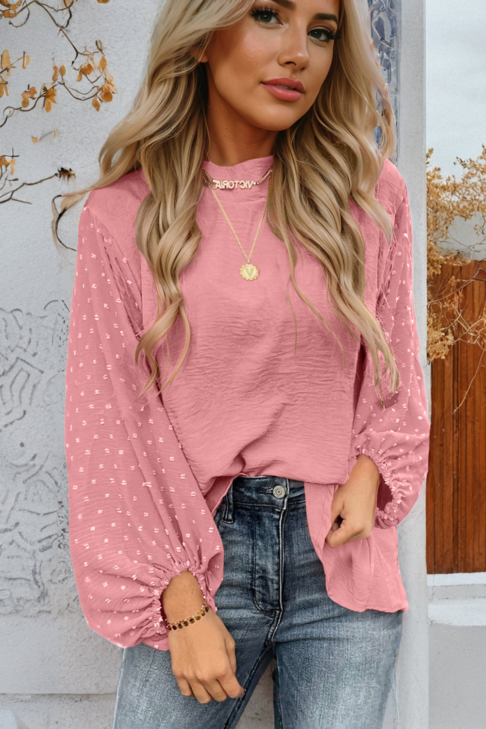 Gossamer Pink Swiss Dot Balloon Sleeve Patchwork Crinkle Blouse