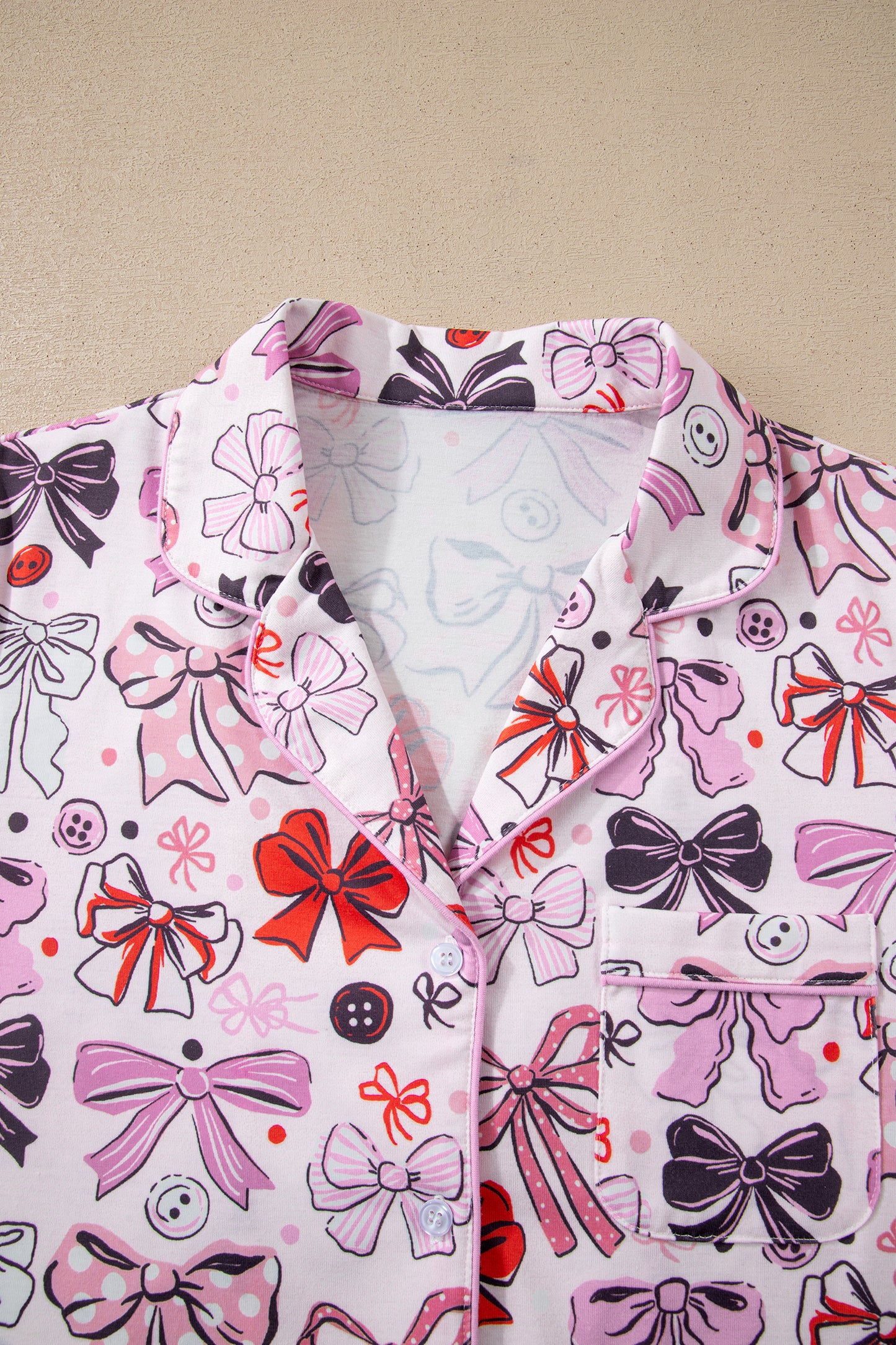 Pink Cute Ribbon Bows Printed Shirt Style 2pcs Short Pajama Set