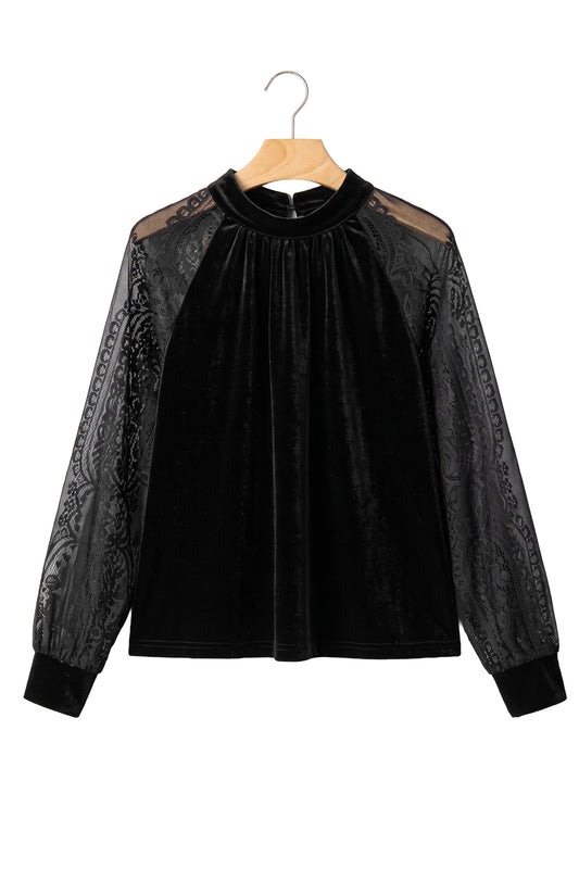 Color Black Solid Color Sheer Lace Long Sleeve Patchwork Stand Neck Velvet Blouse
