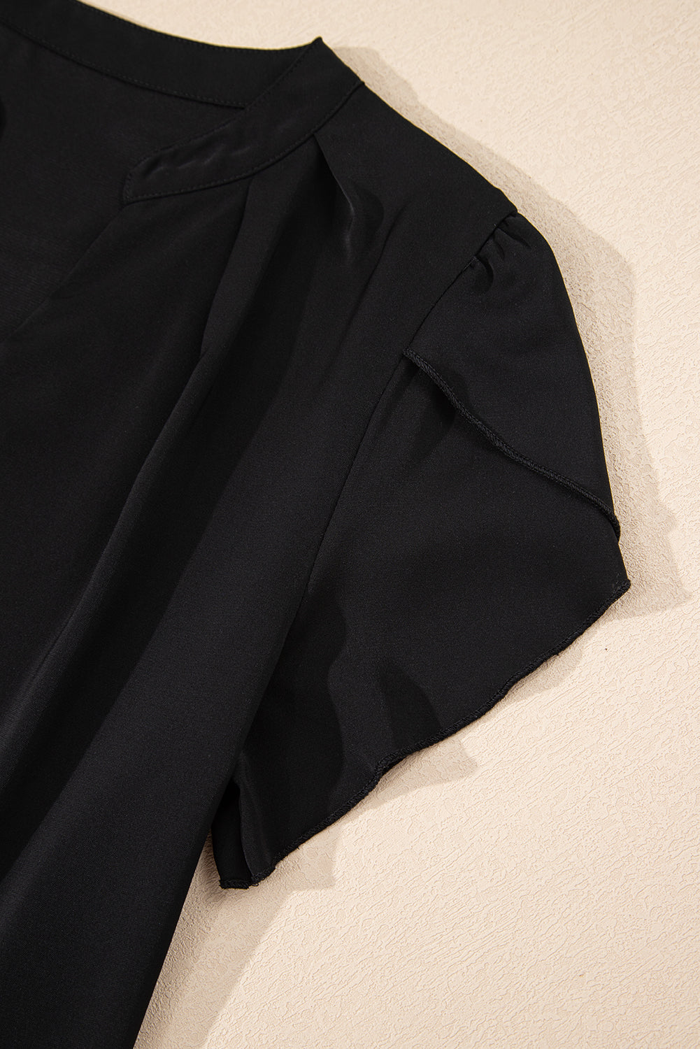 Black Button Notched Neck Petal Sleeve Blouse